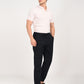 Model wearing Navy Blue Linen Blend Trousers with a light pink polo and sunglasses, showcasing casual summer style.
