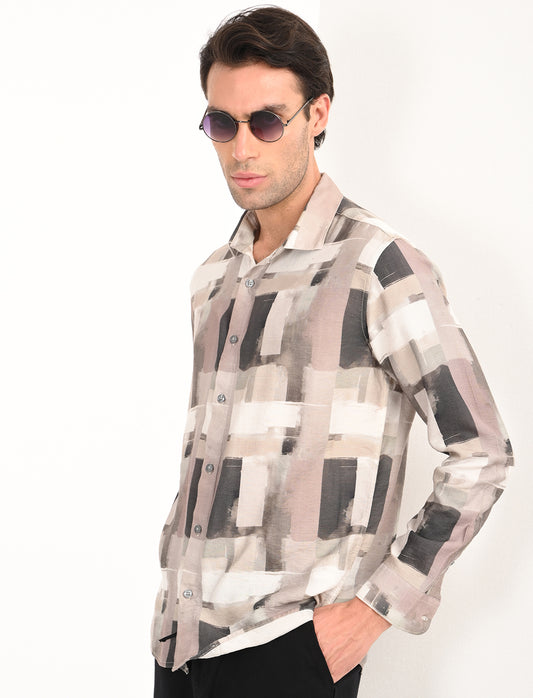 Beige Printed Tailored Fit Shirt