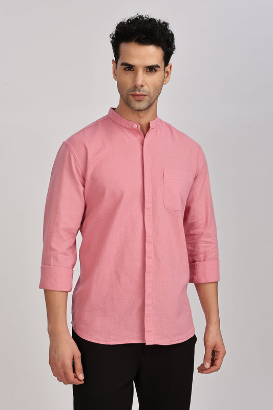 Pink Mandarin Collar Linen Shirt