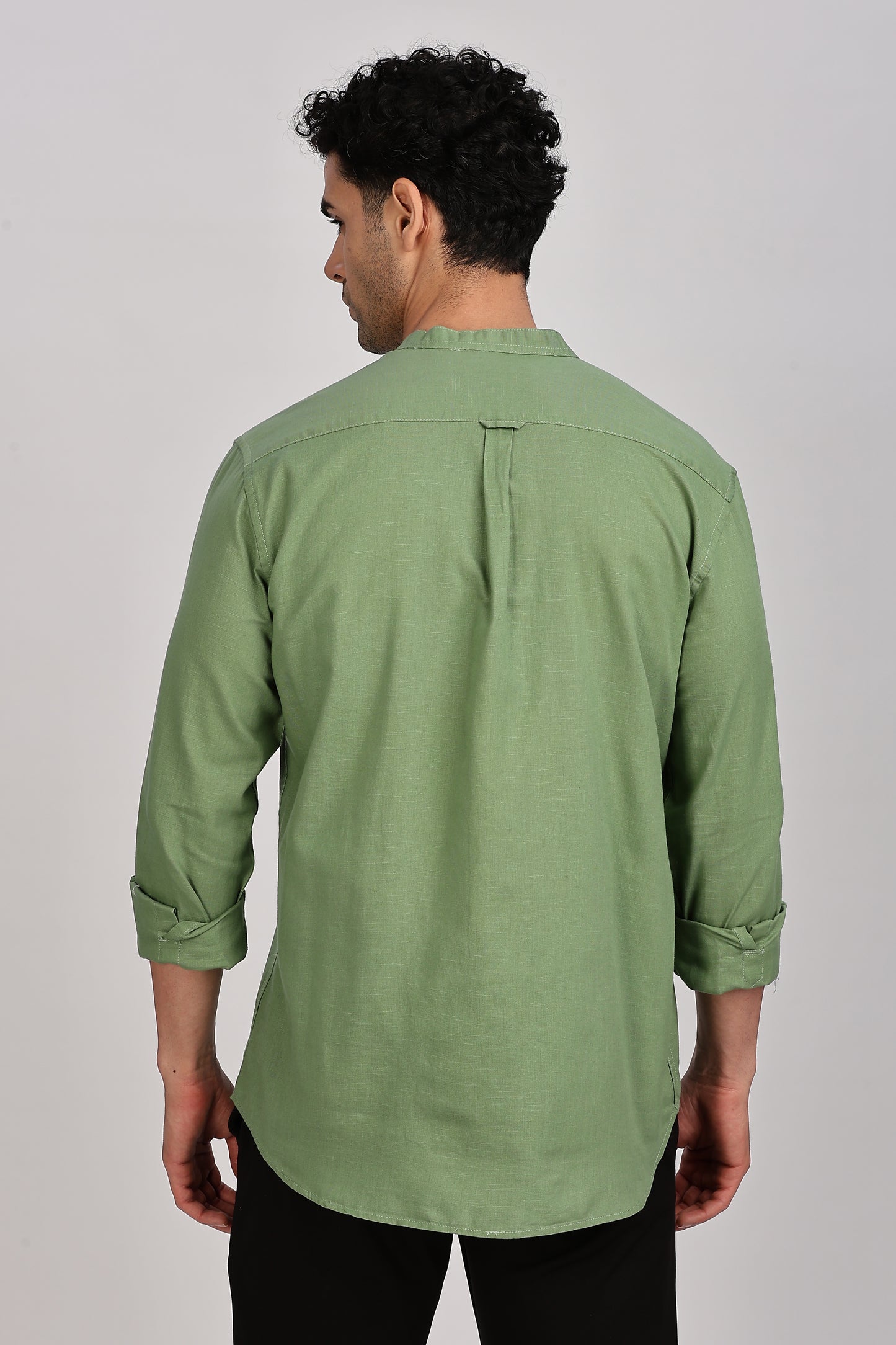 Olive Mandarin Collar Linen Shirt