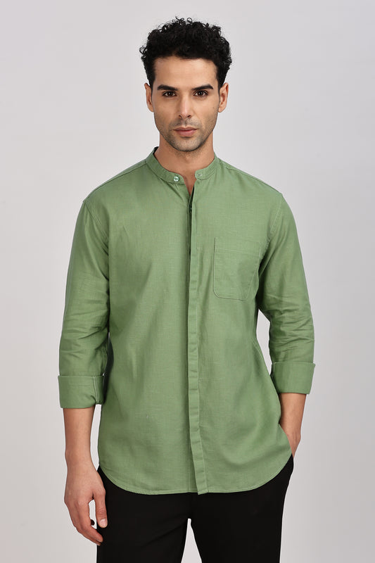 Olive Mandarin Collar Linen Shirt