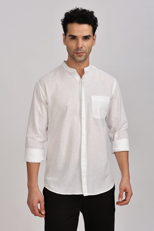White Mandarin Collar Linen Shirt