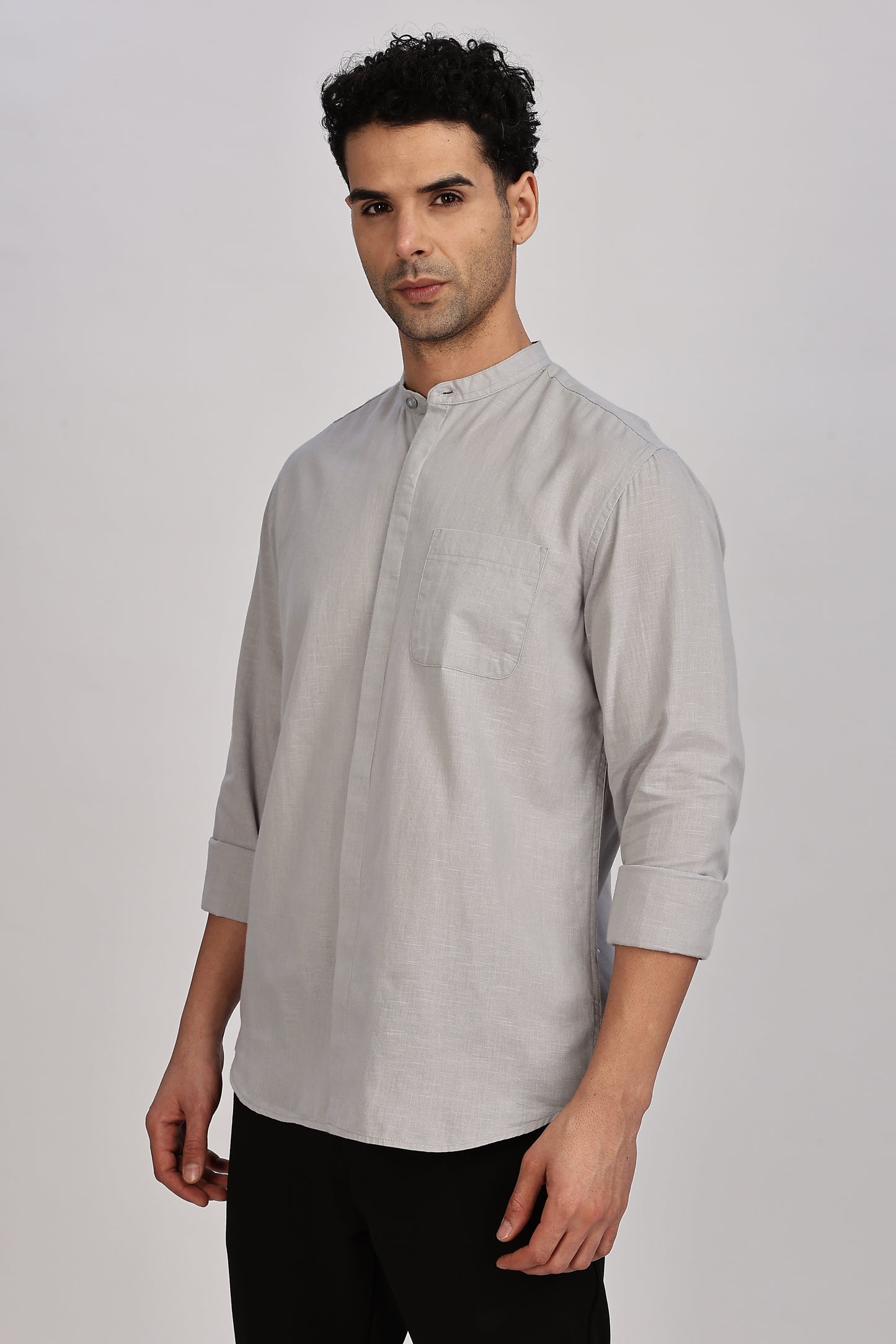 Light Grey Mandarin Collar Linen Shirt