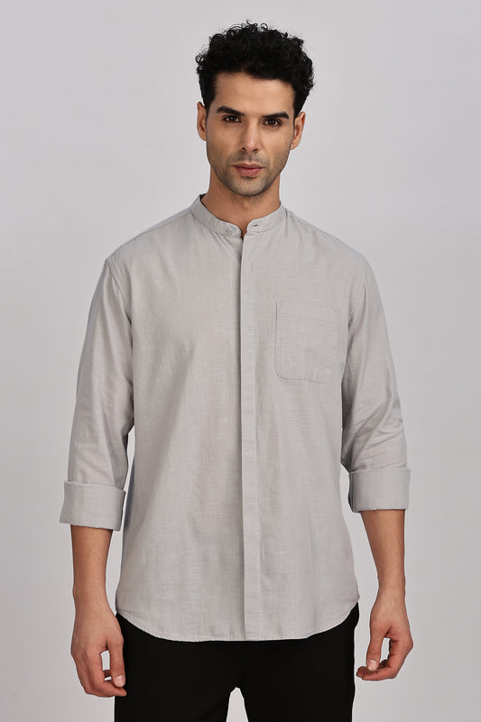 Light Grey Mandarin Collar Linen Shirt