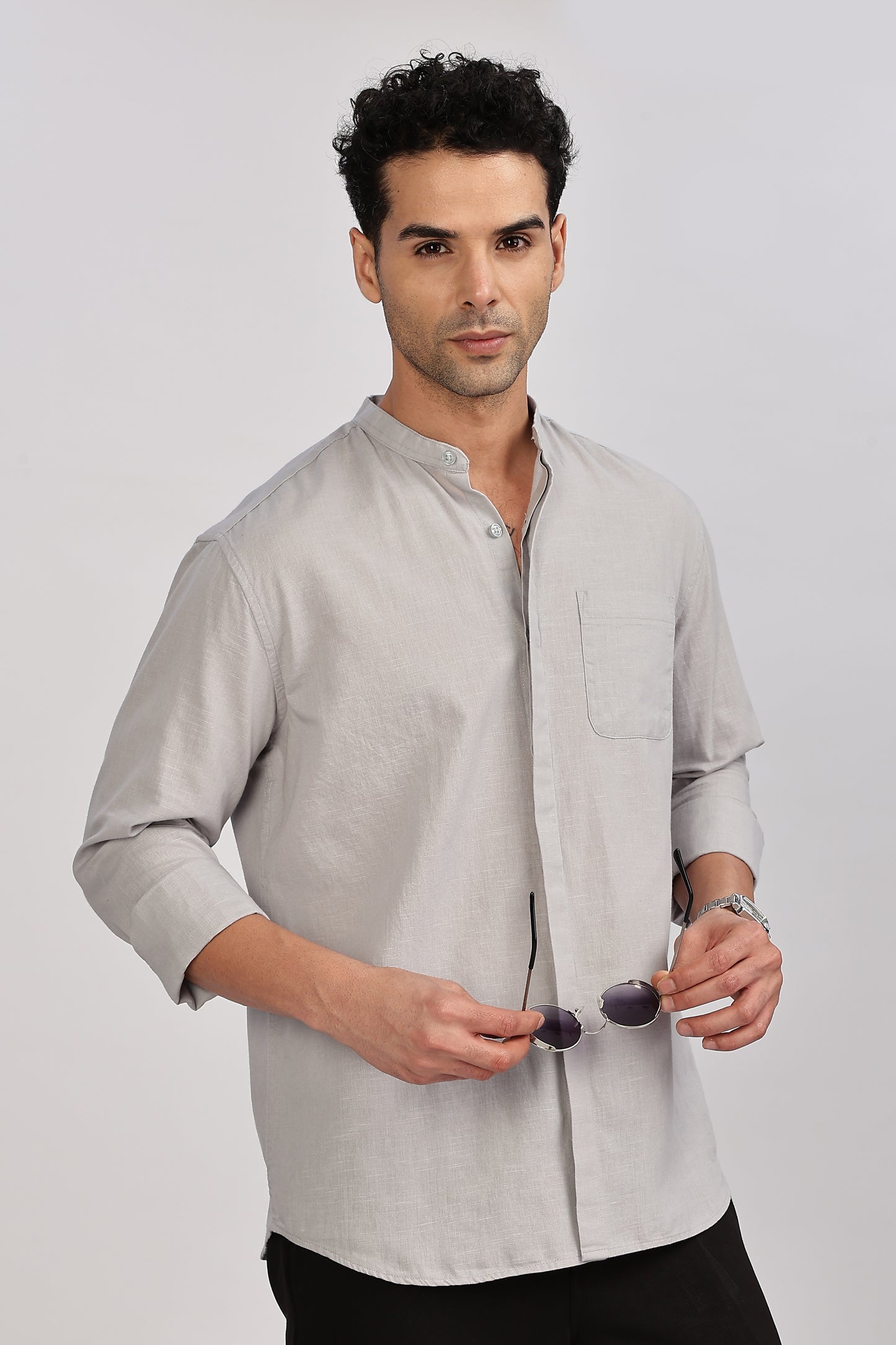 Light Grey Mandarin Collar Linen Shirt