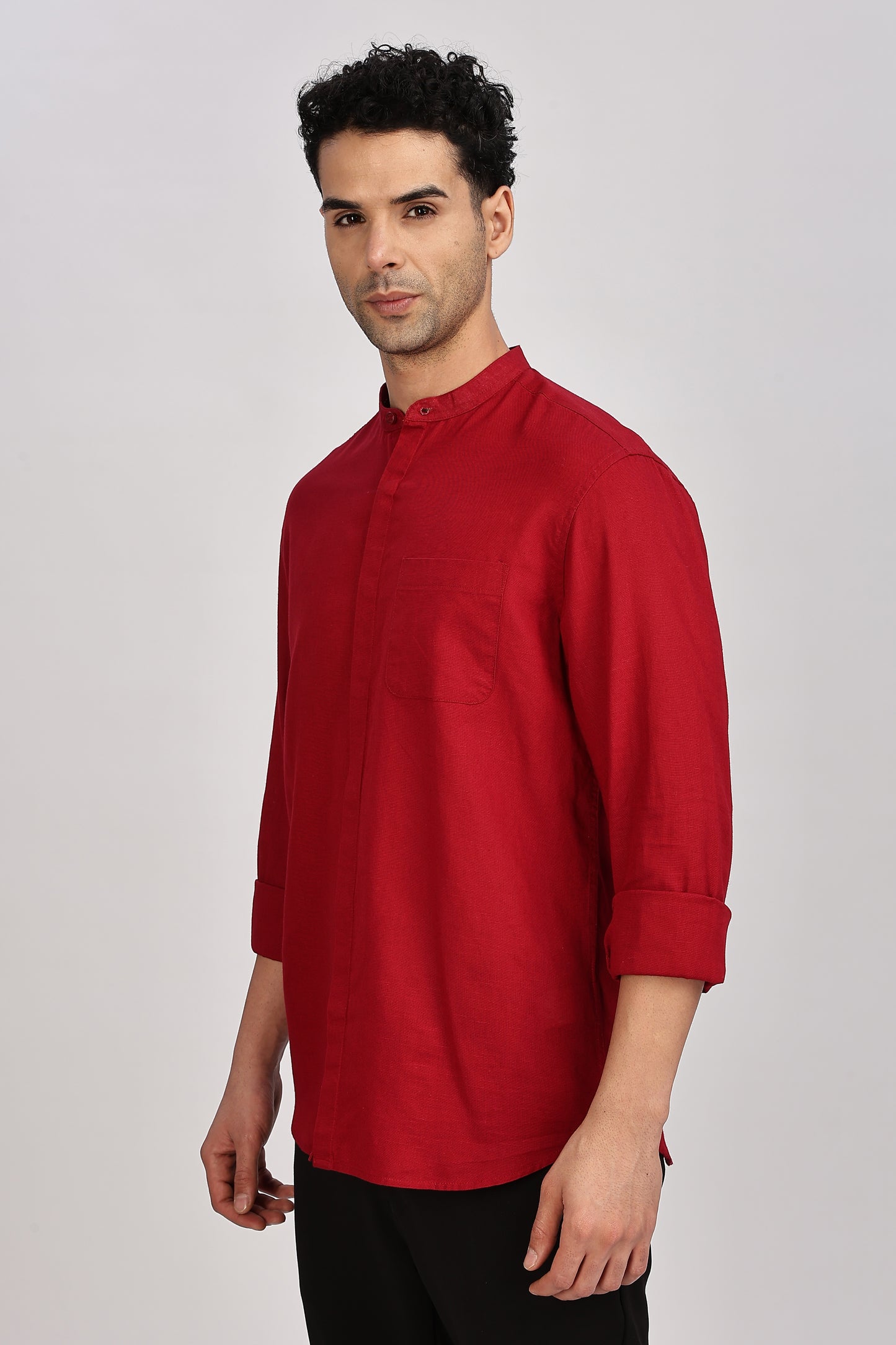 Red Mandarin Collar Linen Shirt
