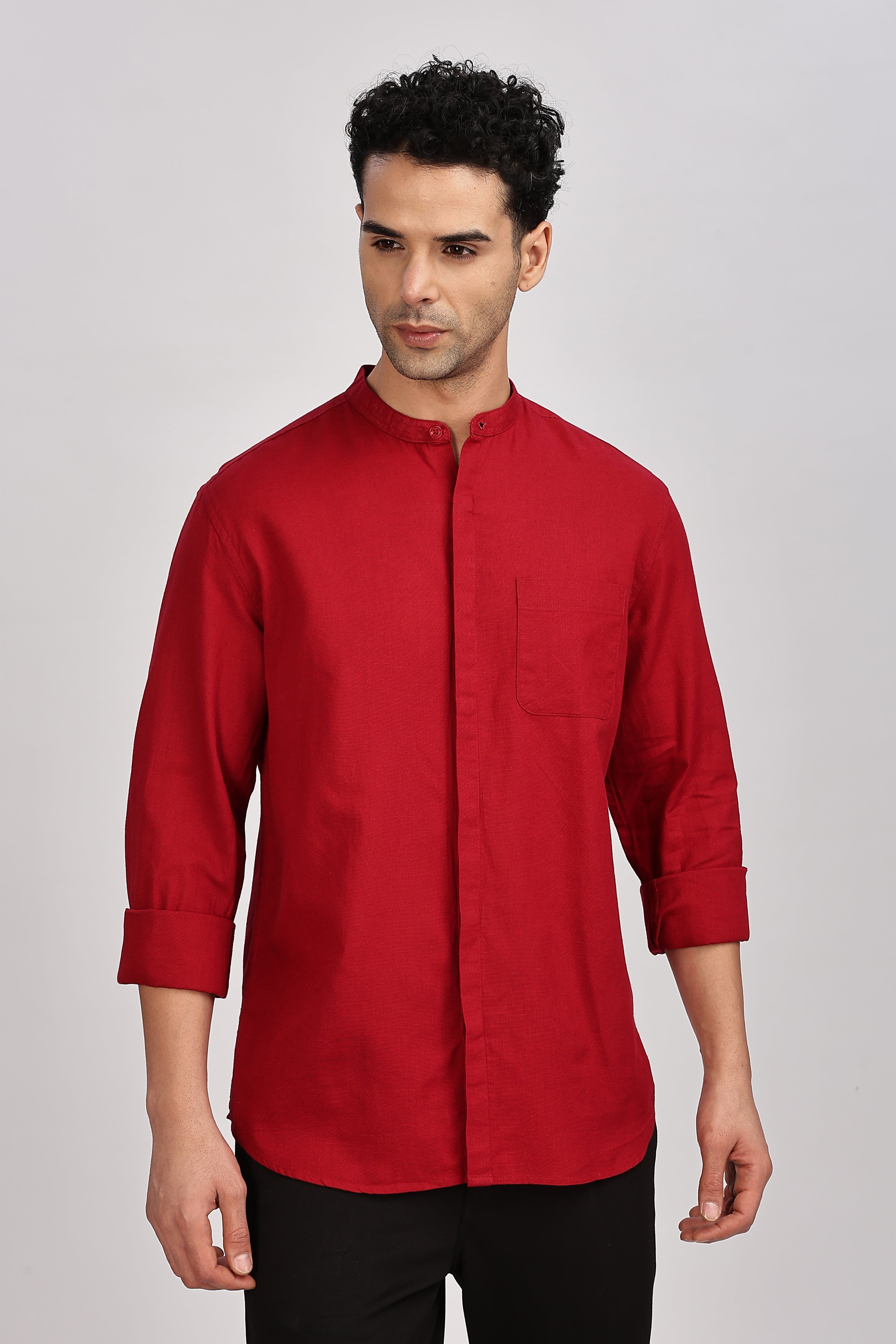 Red Mandarin Collar Linen Shirt