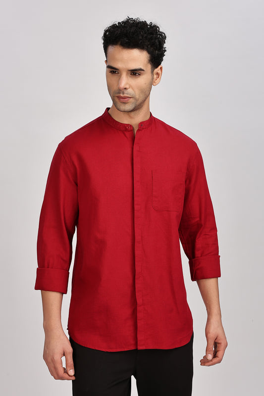 Red Mandarin Collar Linen Shirt