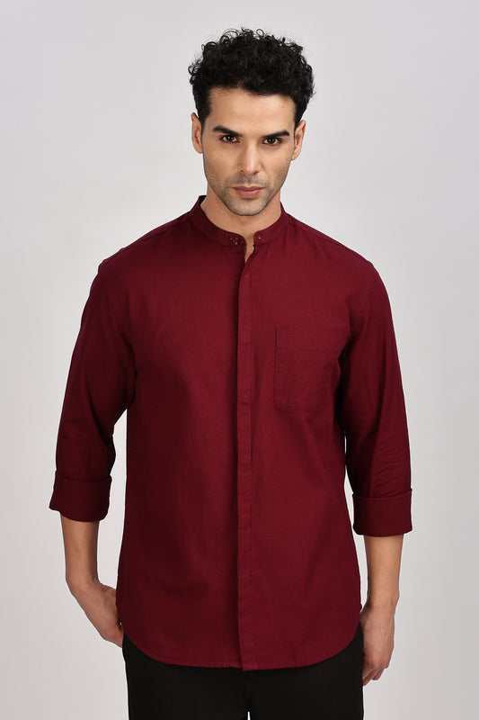 Maroon Mandarin Collar Linen Shirt
