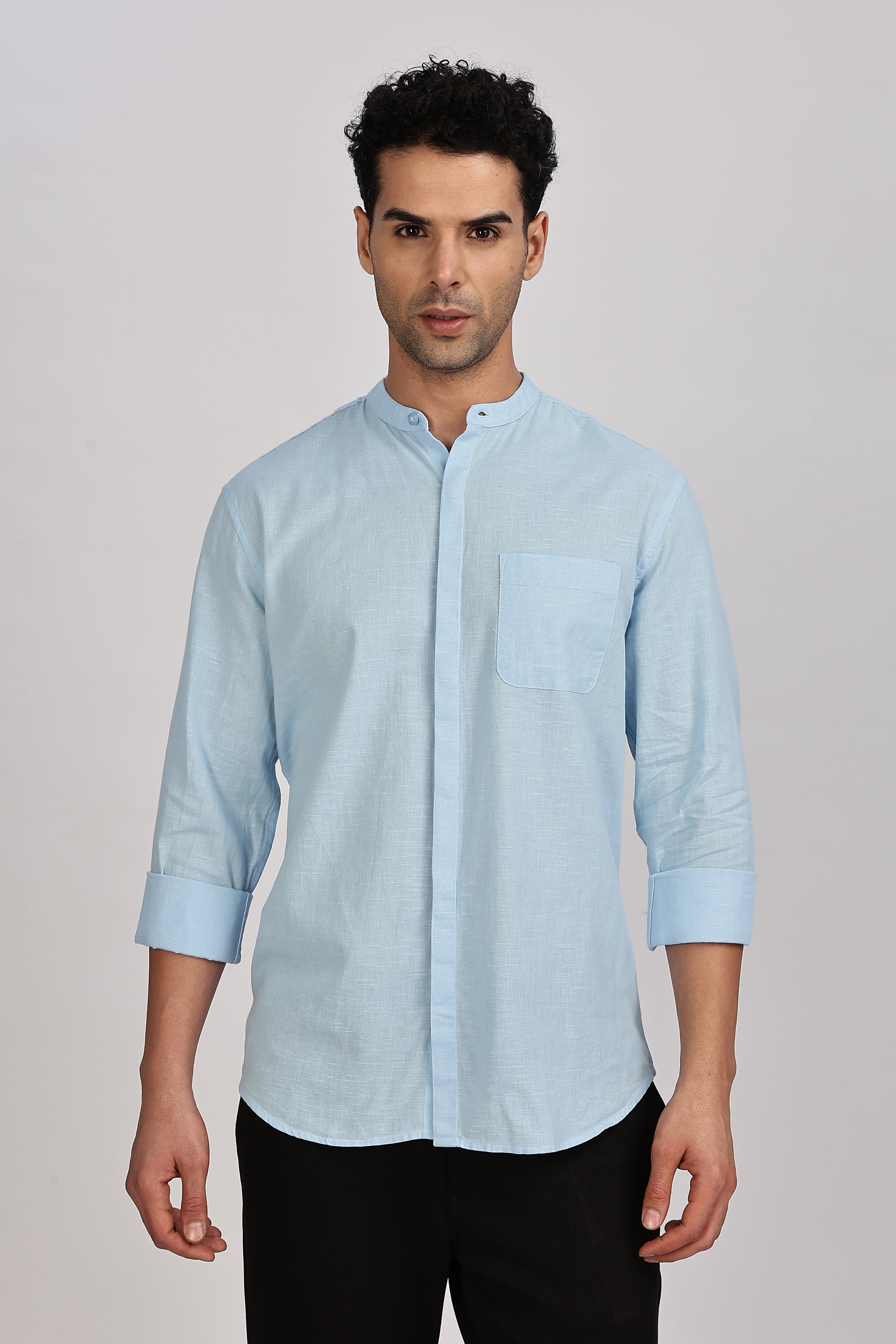 Light Blue Mandarin Collar Linen Shirt
