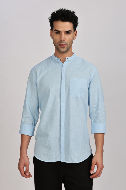 Light Blue Mandarin Collar Linen Shirt