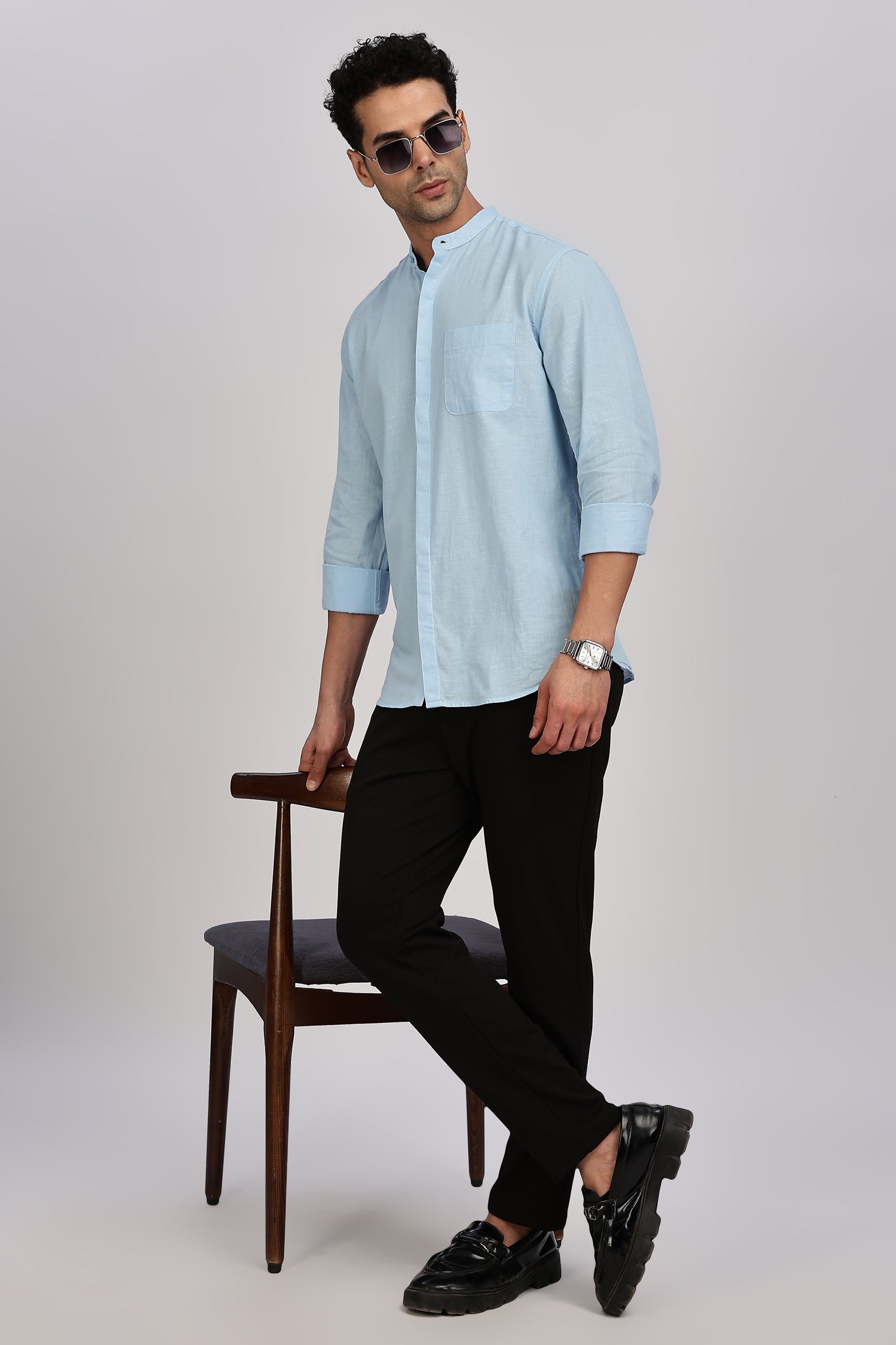 Light Blue Mandarin Collar Linen Shirt