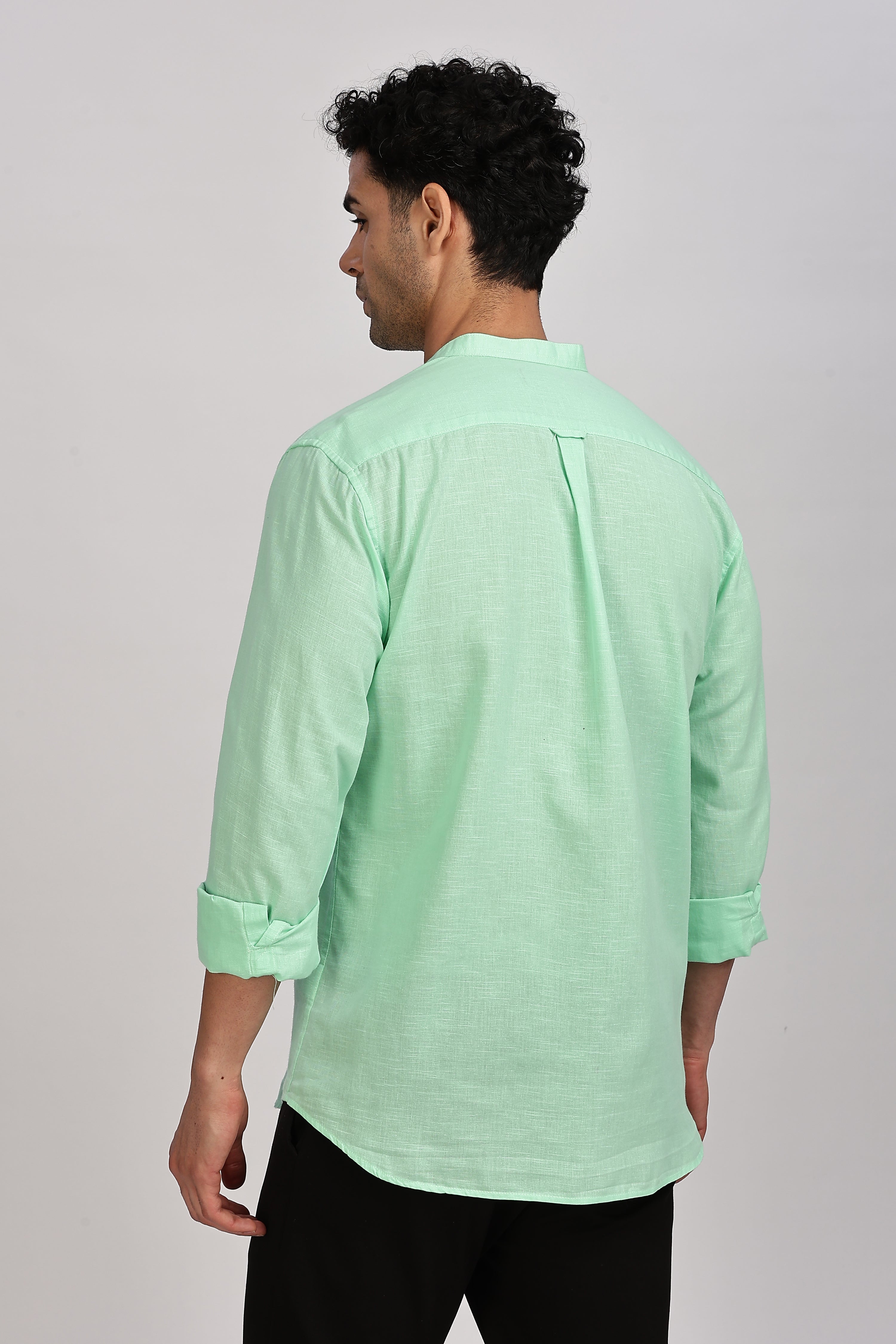 Sea Green Mandarin Collar Linen Shirt