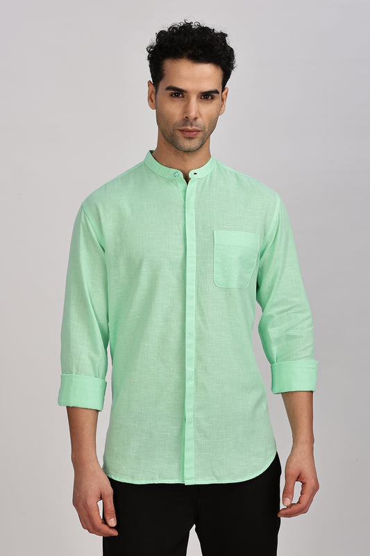 Sea Green Mandarin Collar Linen Shirt