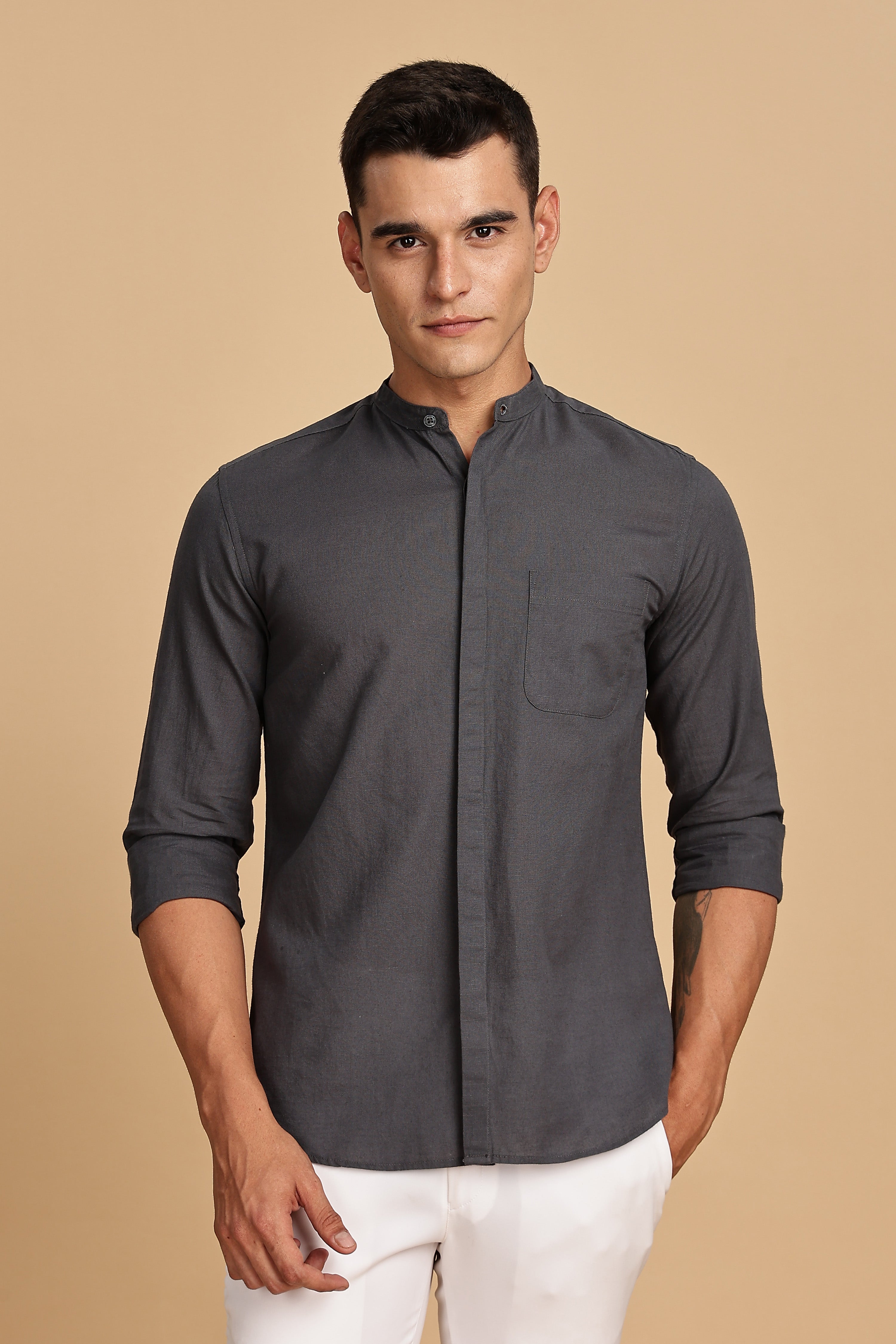 Dark Grey Mandarin Collar Linen Shirt