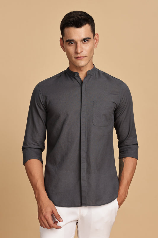 Dark Grey Mandarin Collar Linen Shirt