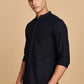Navy Blue Mandarin Collar Linen Shirt