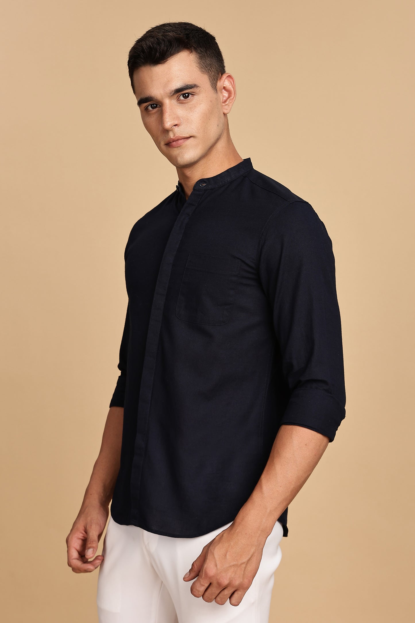 Navy Blue Mandarin Collar Linen Shirt
