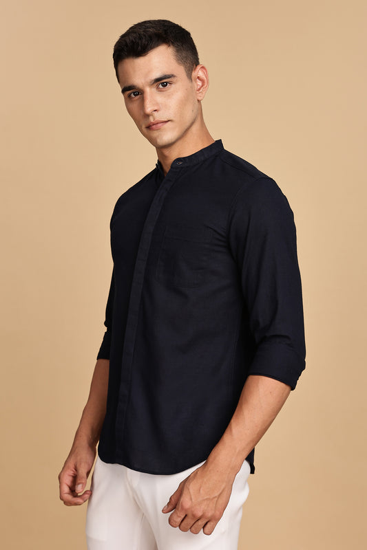 Navy Blue Mandarin Collar Linen Shirt