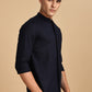 Navy Blue Mandarin Collar Linen Shirt